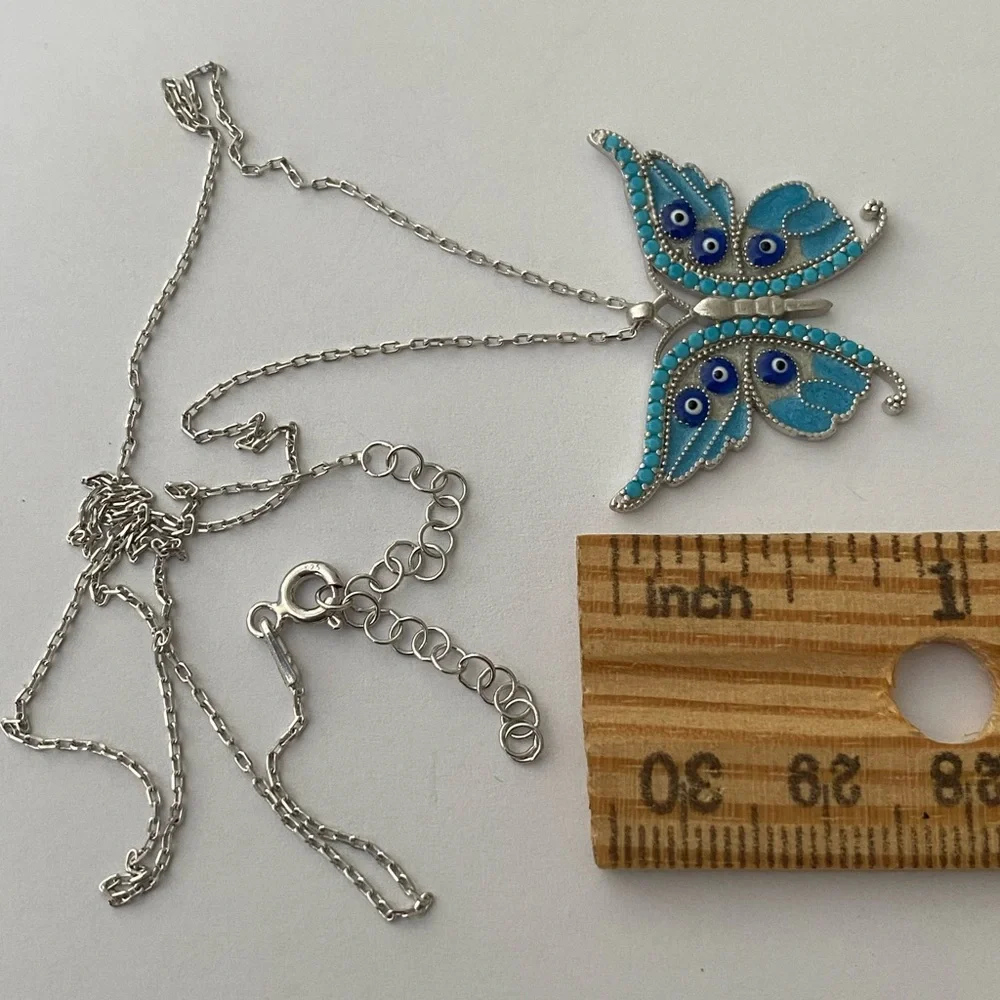 925 Silver pink butterfly evil eyes necklace